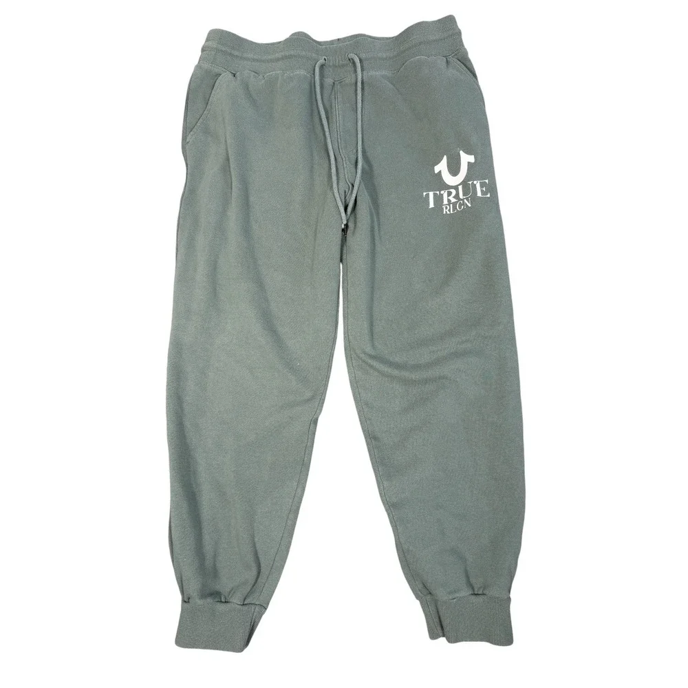True Religion Joggers Mens Large Green Horseshoe Logo Fleece Sweatpantsr